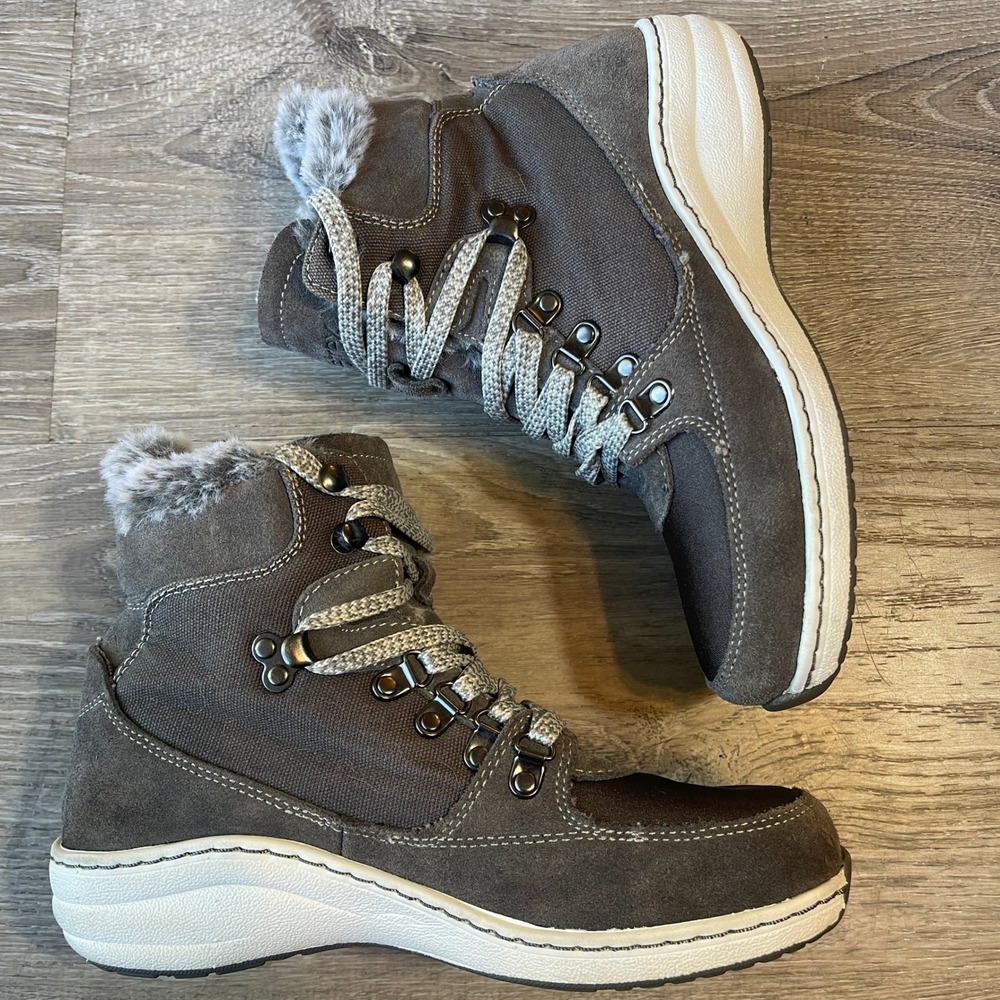 Aetrex Berries BB246 Grey Leather Suede Faux Fur Ankle Boots Women US 6-6.5